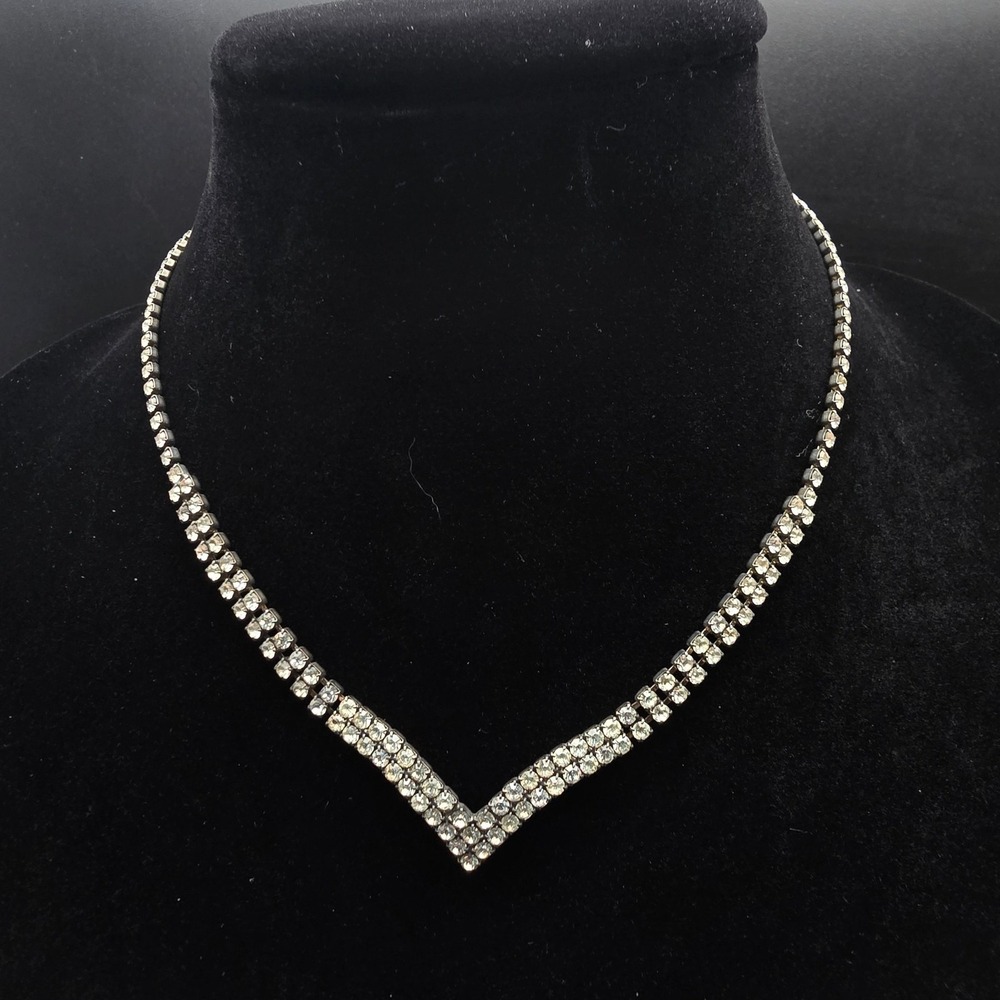 Clear Rhinestone Necklace V Shape Vintage Glam Costume Jewelry